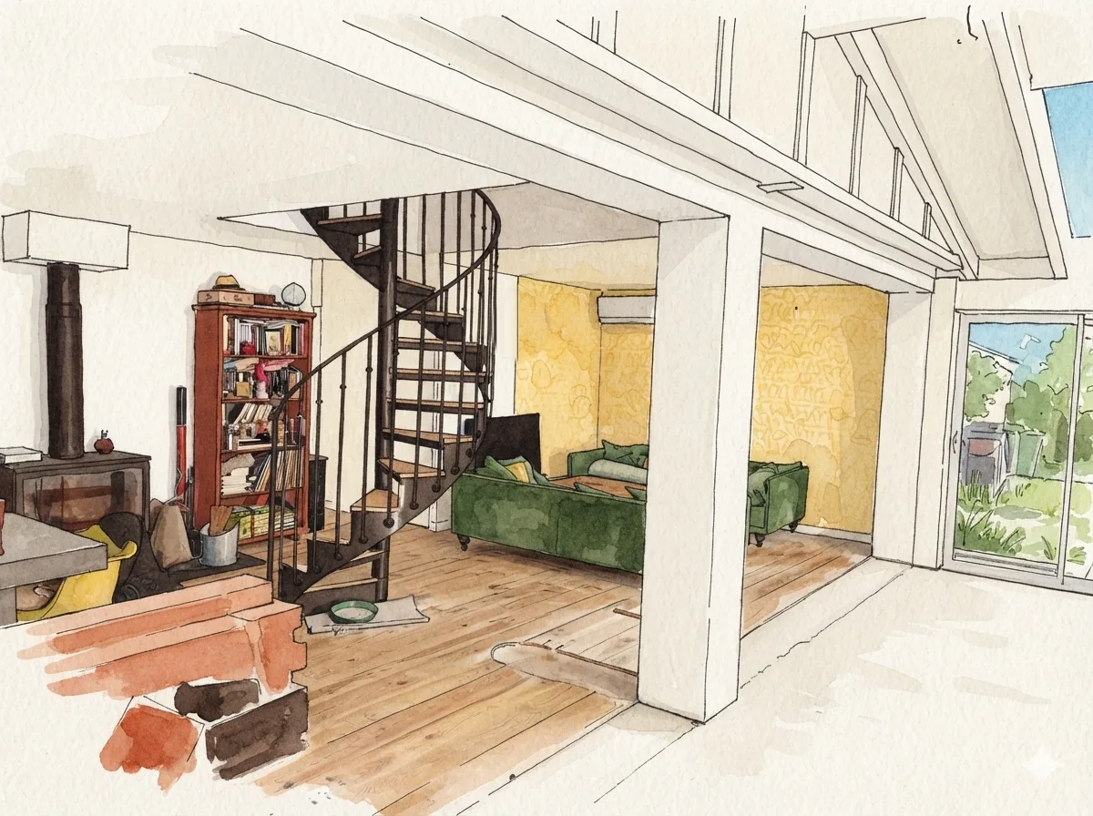 Illustration à l’aquarelle de la même pièce ouverte (dessin, pas une photo)